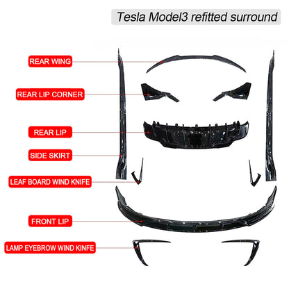 Full Body Kits for 2019-2023 Tesla Model 3 Front Splitter / Rear Diffuser / Side Skirts / Spoiler